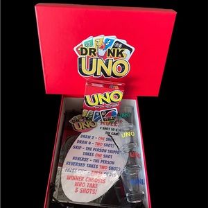 Complete Drunken Uno game. Includes 4 shot glasses, instructions, Uno cards!